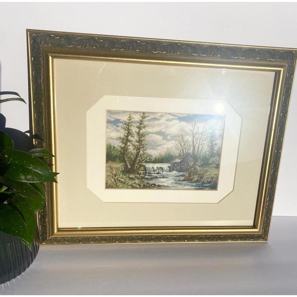 Vintage Needlepoint Finished Artwork Gold Frame Old Mill Landscape Water Wheel